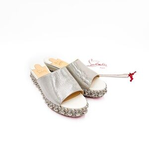 Christian Louboutin Leather Mirror Studded Platform Mules Espadrilles
